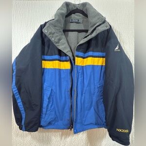 Nautica Men's Blue and Black Windbreaker with Yellow Stripes
